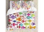 Abakuhaus Set Copripiumino Per Letti Matrimoniali, Simpatici Animaletti Colorati Dell'acquario, Antiacaro, Adatto A Chi Soffre Di Allergie, Con Federe, Senape Blu Viola Vermiglio Verde Lime
