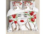 Abakuhaus Copripiumino Blume, Donna Con Decorazione Floreale, Antiacaro, Adatto A Chi Soffre Di Allergie, Con Federe, 155 Cm X 220 Cm - 80 X 80 Cm, Verde, Rosso, Marrone Chiaro