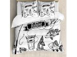 Abakuhaus Copripiumino Fishing, Animali Disegnati A Mano, Antiacaro, Adatto A Chi Soffre Di Allergie, Con Federe, 155 Cm X 220 Cm - 80 X 80 Cm, Bianco E Nero