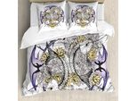 Abakuhaus Copripiumino Con Teschi, Scheletro Di Pesce E Fiori Di Loto, Antiacaro E Anallergico, Con Federe, 155 Cm X 220 Cm - 80 X 80 Cm, Viola, Giallo