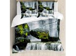 Abakuhaus Copripiumino Waterfall, Cascata Con Rocce, Antiacaro, Adatto A Chi Soffre Di Allergie, Con Federe, 155 Cm X 220 Cm - 80 X 80 Cm, Verde, Bianco E Nero