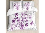 Abakuhaus Copripiumino Mauve, Fiori E Foglie Burro, Antiacaro, Adatto A Chi Soffre Di Allergie, Con Federe, 200 Cm X 200 Cm - 80 X 80 Cm, Viola Bianco