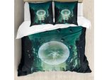 Abakuhaus Copripiumino Fantasia, Città Della Magia Oscura, Antiacaro E Anallergico, Con Federe, 155 Cm X 220 Cm - 80 X 80 Cm, Verde Acqua E Nero