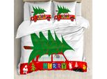 Abakuhaus Set Copripiumino Natalizio Per Letti Matrimoniali, Rosso Vintage-Auto-Elfo, Antiacaro, Adatto A Chi Soffre Di Allergie, Con Federe, Rosso Verde Bianco
