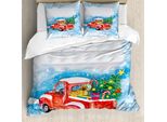 Abakuhaus Copripiumino Natalizio, Paesaggio Invernale Con Camion, Antiacaro, Adatto A Chi Soffre Di Allergie, Con Federe, 200 Cm X 200 Cm - 80 X 80 Cm, Blu, Bianco, Rosso