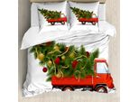 Abakuhaus Copripiumino Natalizio, Camion Natalizio E Albero, Antiacaro, Adatto A Chi Soffre Di Allergie, Con Federe, 155 Cm X 220 Cm - 80 X 80 Cm, Bianco, Rosso, Verde