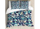 Abakuhaus Copripiumino Nautico, Motivo Onde Oceaniche, Resistente All'acqua, Lavabile, Colori Che Non Stingono, Personalizzato, 155 Cm X 220 Cm - 80 X 80 Cm, Blu E Bianco
