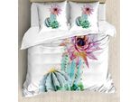 Abakuhaus Set Copripiumino Per Letti Matrimoniali, Motivo Acquerellato Con Fiori Di Cactus, Antiacaro E Anallergico, Con Federe, Bianco E Multicolore