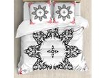 Abakuhaus Set Copripiumino Etnico Per Letti Matrimoniali, Tatuaggio Vettoriale Circolare, Antiacaro, Adatto A Chi Soffre Di Allergie, Con Federe, Bianco, Nero E Rubino