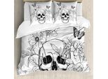 Abakuhaus Giorno Dei Morti Copripiumino, Teschi Farfalle, Antiacaro Adatto A Chi Soffre Di Allergie Con Federe, 200 Cm X 200 Cm - 80 X 80 Cm, Bianco E Nero