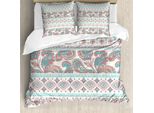 Abakuhaus Copripiumino Tribale, Motivo Floreale Paisley E Azteco, Antiacaro E Anallergico, Con Federe, 200 Cm X 200 Cm - 80 X 80 Cm, Color Crema, Acquamarina E Corallo