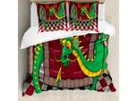 Abakuhaus Copripiumino Con Caricatura, Castello Con Drago, Antiacaro, Adatto A Chi Soffre Di Allergie, Con Federe, 155 Cm X 220 Cm - 80 X 80 Cm, Verde Rubino