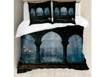 Abakuhaus Copripiumino Gotico, Castello Medievale Di Notte, Antiacaro, Adatto A Chi Soffre Di Allergie, Con Federe, 155 Cm X 220 Cm - 80 X 80 Cm, Blu, Grigio E Rosso