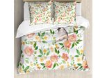 Abakuhaus Copripiumino Con Fiori, Petali Di Fiori, Antiacaro, Adatto A Chi Soffre Di Allergie, Con Federe, 200 Cm X 200 Cm - 80 X 80 Cm, Corallo, Verde Felce, Bianco