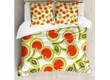 Abakuhaus Copripiumino Con Motivo Frutta, Ciliegie E Foglie, Antiacaro E Anallergico, Con Federe, 200 Cm X 200 Cm - 80 X 80 Cm, Verde Mela, Rosso, Bianco