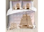 Abakuhaus Copripiumino Ocean, Veliero In Legno Waves, Antiacaro, Adatto A Chi Soffre Di Allergie, Con Federe, 200 Cm X 200 Cm - 80 X 80 Cm, Crema E Blu Grigio