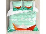 Abakuhaus Copripiumino Ocean, Navy Sealife Con Onde, Antiacaro, Adatto A Chi Soffre Di Allergie, Con Federe, 200 Cm X 200 Cm - 80 X 80 Cm, Blu Cielo Arancione