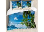 Abakuhaus Copripiumino Landscape, Sea Palms Mountains, Antiacaro, Adatto A Chi Soffre Di Allergie, Con Federe, 200 Cm X 200 Cm - 80 X 80 Cm, Blu Crema Verde