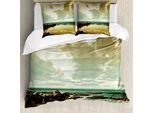 Abakuhaus Copripiumino Paesaggio, Paesaggio Isola Oceanica, Antiacaro, Adatto A Chi Soffre Di Allergie, Con Federe, 200 Cm X 200 Cm - 80 X 80 Cm, Beige Seppia Verde Acqua
