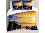 Abakuhaus Set Copripiumino Tropicale Per Letti Matrimoniali, Vista Orizzontale Cielo-Spiaggia, Antiacaro, Adatto A Chi Soffre Di Allergie, Con Federe, Blu Oro