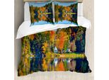 Abakuhaus Copripiumino Paesaggio, Lake House In Autunno, Antiacaro, Adatto A Chi Soffre Di Allergie, Con Federe, 200 Cm X 200 Cm - 80 X 80 Cm, Multicolore