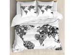Abakuhaus Copripiumino Con Mappa Floreale Del Mondo, Fascino Della Mappa Del Mondo, Antiacaro, Adatto A Chi Soffre Di Allergie, Con Federe, 155 Cm X 220 Cm - 80 X 80 Cm, Bianco E Nero