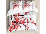 Abakuhaus Set Copripiumino Per Letti Matrimoniali, Fioritura Primaverile Giapponese, Antiacaro, Adatto A Chi Soffre Di Allergie, Con Federe, Rosso Cinabro, Bianco, Marrone