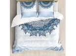 Abakuhaus Set Copripiumino Vintage Per Letti Matrimoniali, Dettagli In Pizzo Etnico, Antiacaro E Anallergico, Con Federe, Blu-Grigio Seafoam E Bianco