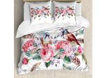 Abakuhaus Copripiumino Con Fiori, Rose Vintage E Uccellini, Antiacaro E Anallergico, Con Federe, 155 Cm X 220 Cm - 80 X 80 Cm, Corallo E Verde Reseda