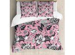Abakuhaus Set Copripiumino Per Letti Matrimoniali, Fiori Vintage Da Giardino, Antiacaro, Adatto A Chi Soffre Di Allergie, Con Federe, Bianco, Nero E Rosso Corallo