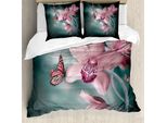 Abakuhaus Copripiumino Con Fiori, Orchidea E Farfalla, Antiacaro E Anallergico, Con Federe, 200 Cm X 200 Cm - 80 X 80 Cm, Rosa Baby E Verde Giada