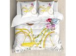 Abakuhaus Copripiumino Vintage, Bicicletta Con Fiori, Antiacaro, Adatto A Chi Soffre Di Allergie, Con Federe, 155 Cm X 220 Cm - 80 X 80 Cm, Bianco E Giallo
