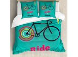Abakuhaus Copripiumino Vintage, Design Retrò Con Biciclette, Antiacaro E Anallergico, Con Federe, 200 Cm X 200 Cm - 80 X 80 Cm, Verde Acqua-Rosa-Nero