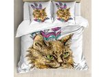 Abakuhaus Copripiumino Gatto, Gatto Con Piume Colorate, Antiacaro, Adatto A Chi Soffre Di Allergie, Con Federe, 200 Cm X 200 Cm - 80 X 80 Cm, Multicolore