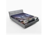 Abakuhaus New York Lenzuolo Con Angoli, Panorama Notturno Dello Skyline Di Manhattan Con Grattacieli Sul Fiume Tranquil River, 90 X 190 Cm, Blu E Arancione