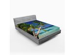 Abakuhaus Lenzuolo Con Angoli Tropicale, Spiaggia Esotica Delle Maldive Con Palme, Paradiso Costiero, Paesaggio Vacanziero, 150 X 190 Cm, Verde Felce Turchese