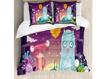 Abakuhaus Set Copripiumino Extraterrestre Per Letti Singoli, Personaggi Divertenti E Allegri, Antiacaro, Adatto A Chi Soffre Di Allergie, Con Federa, 200 Cm X 200 Cm - 80 X 80 Cm, Viola E Multicolore