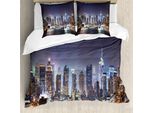 Abakuhaus New York Set Copripiumino Per Letti Singoli, Skyline Di Manhattan Di Notte, Antiacaro, Adatto A Chi Soffre Di Allergie, Con Federa, 155 Cm X 220 Cm - 80 X 80 Cm, Blu E Arancione