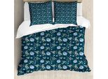 Abakuhaus Set Copripiumino Botanico Per Letti Singoli, Motivo Boccioli Di Rosa Canina, Antiacaro, Adatto A Chi Soffre Di Allergie, Con Federa, 155 Cm X 220 Cm - 80 X 80 Cm, Blu Verde Acqua Cielo