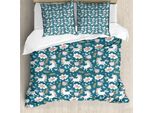 Abakuhaus Set Copripiumino Unicorno Per Letti Singoli, Arcobaleno, Pony, Fiori, Antiacaro, Adatto A Chi Soffre Di Allergie, Con Federa, 155 Cm X 220 Cm - 80 X 80 Cm, Blu Petrolio Multicolore