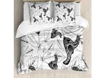 Abakuhaus Set Copripiumino Botanico Per Letti Singoli, Foglie E Noci D'acqua, Antiacaro, Adatto A Chi Soffre Di Allergie, Con Federa, 155 Cm X 220 Cm - 80 X 80 Cm, Grigio Antracite E Bianco