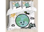 Abakuhaus Giornata Della Terra Set Copripiumino Per Letti Singoli, Childish Globe Doodle, Antiacaro, Adatto A Chi Soffre Di Allergie, Con Federa, 155 Cm X 220 Cm - 80 X 80 Cm, Pale Teal E Multicolor
