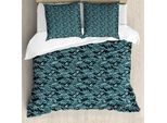 Abakuhaus Set Copripiumino Botanico Per Letti Singoli, Foglie Orientali E Fiori, Antiacaro, Adatto A Chi Soffre Di Allergie, Con Federa, 200 Cm X 200 Cm - 80 X 80 Cm, Blu Petrolio E Blu Mare