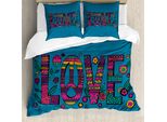 Abakuhaus Set Copripiumino Artistico Per Letti Singoli, Scritta "Amore"" In Stile Hipster, Antiacaro E Anallergico, Con Federa, 200 Cm X 200 Cm - 80 X 80 Cm, Blu Mare E Multicolore"