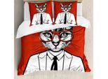 Set Copripiumino Abakuhaus Hipster Per Letti Singoli, Divertente Gatto Uomo D'affari, Antiacaro, Adatto A Chi Soffre Di Allergie, Con Federa, 155 Cm X 220 Cm - 80 X 80 Cm, Vermiglio Coke Grigio