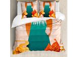 Abakuhaus Set Copripiumino Giapponese Per Letti Singoli, Elementi Folcloristici Doodle, Antiacaro, Adatto A Chi Soffre Di Allergie, Con Federa, 155 Cm X 220 Cm - 80 X 80 Cm, Multicolore