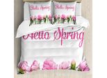 Abakuhaus Set Copripiumino Per Letto Singolo, Foto Floreale Primaverile, Antiacaro, Adatto A Chi Soffre Di Allergie, Con Federa, 155 Cm X 220 Cm - 80 X 80 Cm, Rosa Baby-Verde Felce