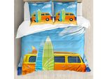Abakuhaus Set Copripiumino Con Motivo Grafico Per Letti Singoli, Happy Camper Van Surf, Antiacaro, Adatto A Chi Soffre Di Allergie, Con Federa, 200 Cm X 200 Cm - 80 X 80 Cm, Sky Blue Multicolor