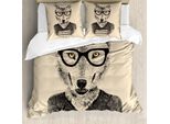 Set Copripiumino Abakuhaus Hipster Per Letti Singoli, Lupo E Occhiali Disegnati A Mano, Antiacaro, Adatto A Chi Soffre Di Allergie, Con Federa, 200 Cm X 200 Cm - 80 X 80 Cm, Beige Grigio Antracite