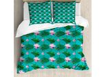 Abakuhaus Set Copripiumino Blu E Rosa Per Letti Singoli, Foglie Di Loto, Antiacaro, Adatto A Chi Soffre Di Allergie, Con Federa, 200 Cm X 200 Cm - 80 X 80 Cm, Verde-Rosa Baby